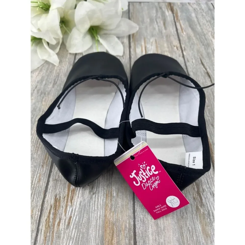 Justice Girls Ballet Shoes Dance Class Leather Sole Adjustable Strap Size 1